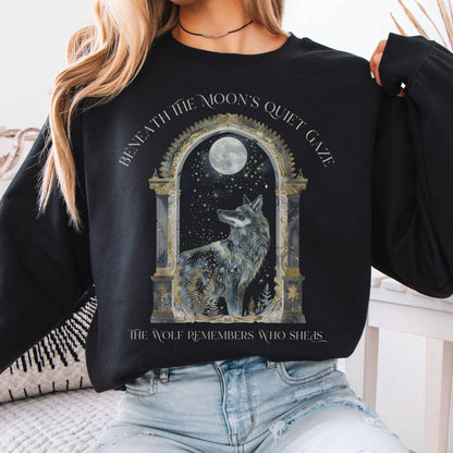 Sweatshirt Beneath The Moon The Wolf Remembers Who She Is Sweatshirt The Mystic Eden