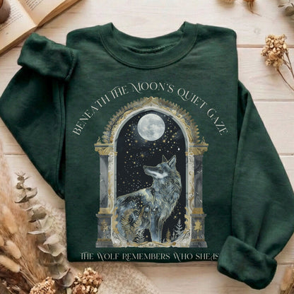 Sweatshirt Forest Green / S Beneath The Moon The Wolf Remembers Who She Is Sweatshirt The Mystic Eden