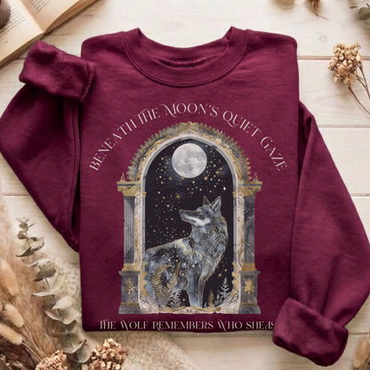 Sweatshirt Maroon / S Beneath The Moon The Wolf Remembers Who She Is Sweatshirt The Mystic Eden