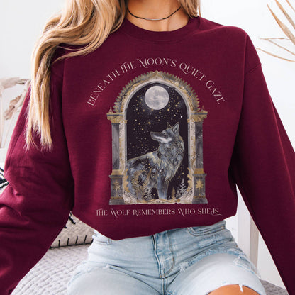 Sweatshirt Beneath The Moon The Wolf Remembers Who She Is Sweatshirt The Mystic Eden
