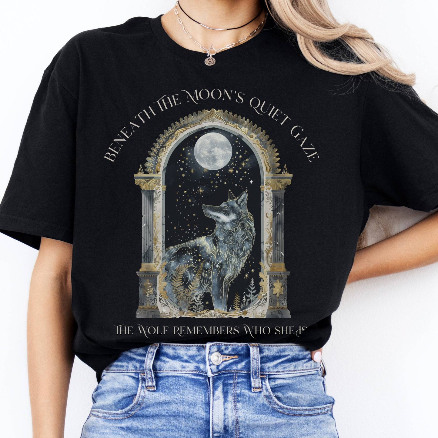 T-Shirts Beneath The Moon The Wolf Remembers Who She Is T-Shirt The Mystic Eden