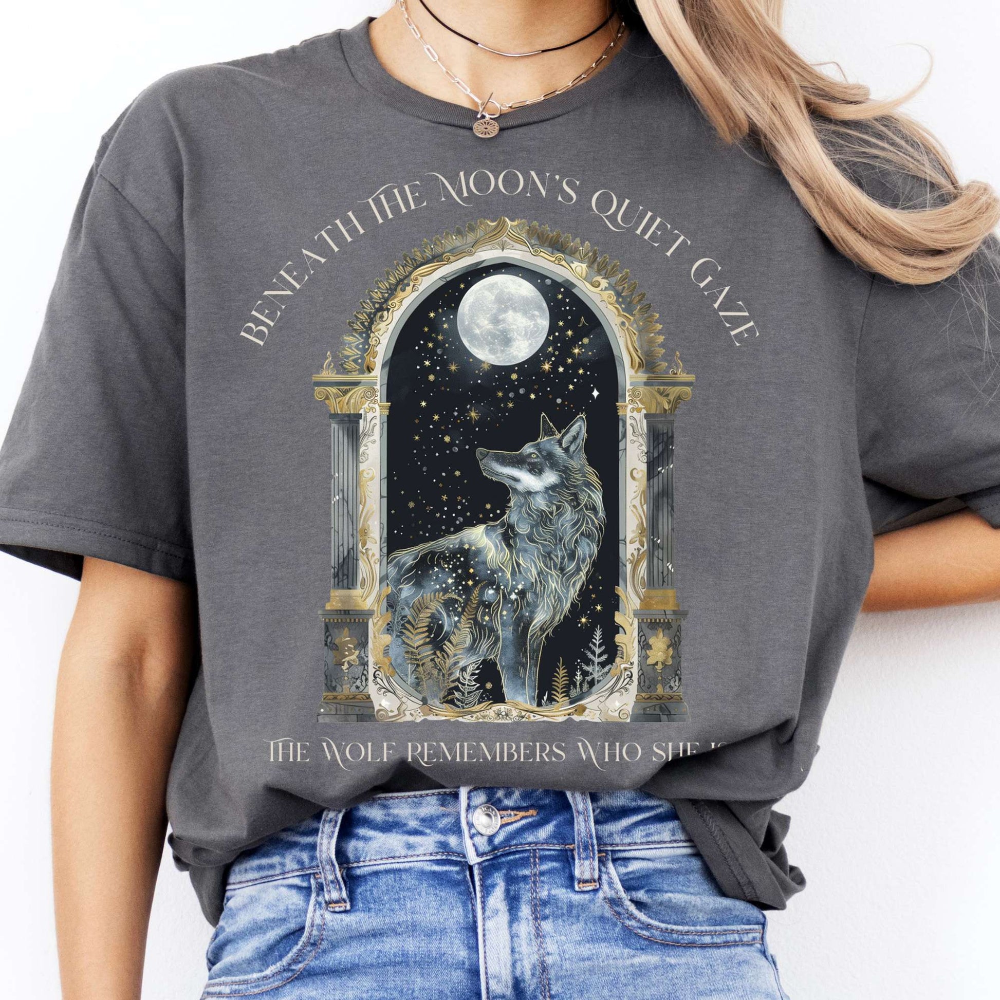 T-Shirts Beneath The Moon The Wolf Remembers Who She Is T-Shirt The Mystic Eden