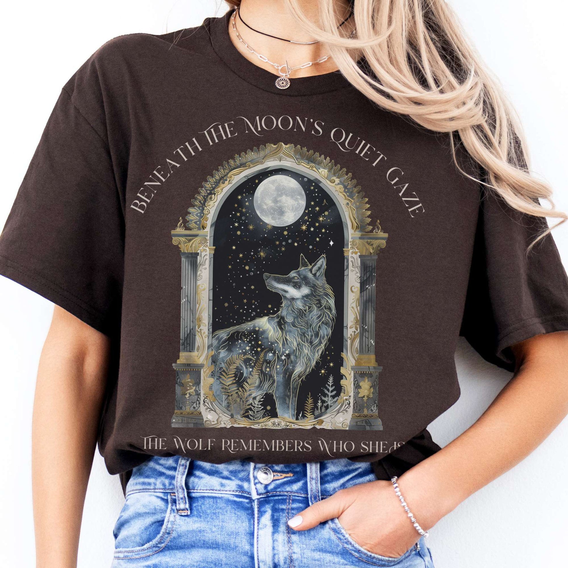 T-Shirts Beneath The Moon The Wolf Remembers Who She Is T-Shirt The Mystic Eden