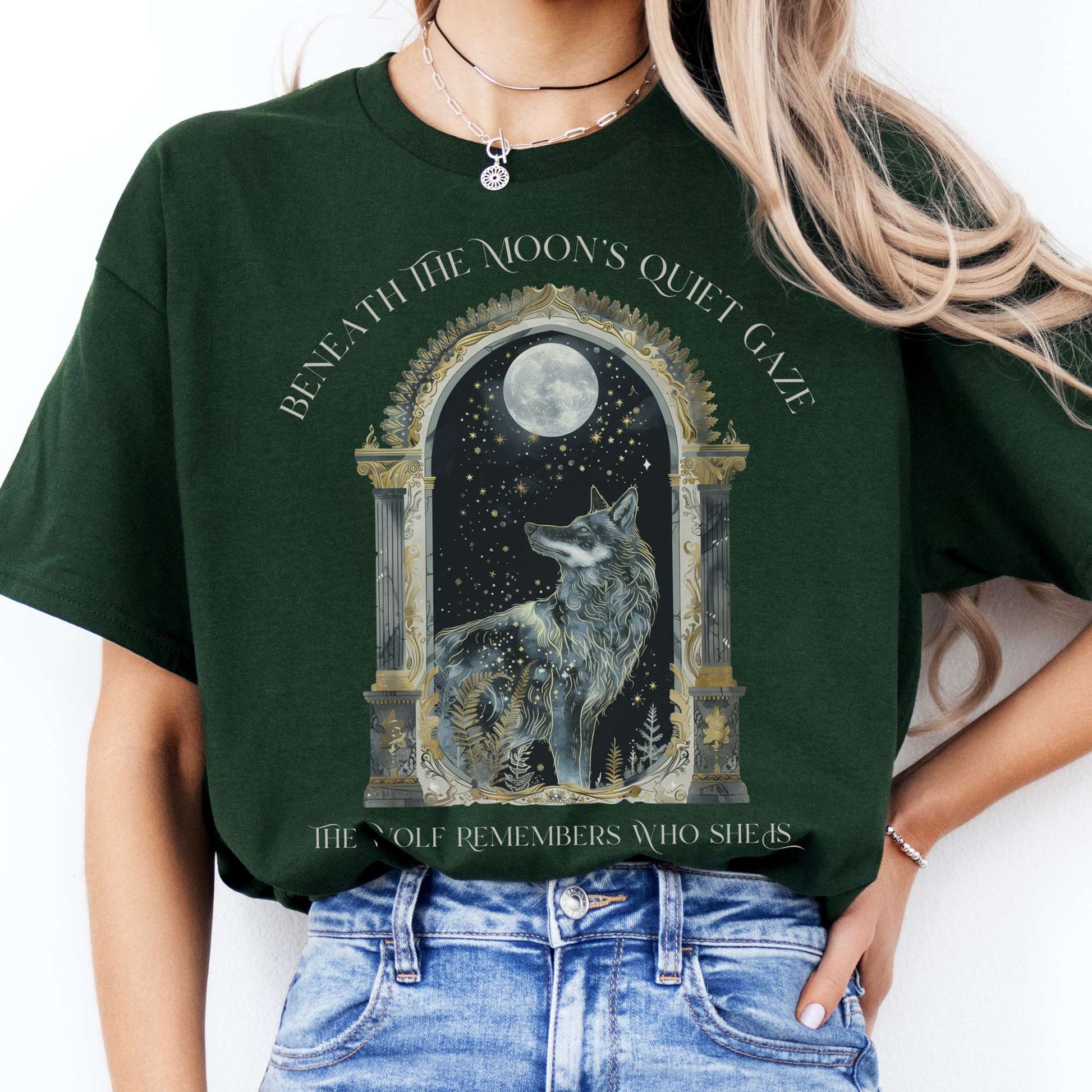 T-Shirts Beneath The Moon The Wolf Remembers Who She Is T-Shirt The Mystic Eden
