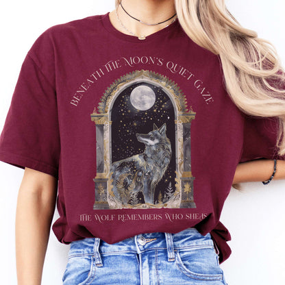 T-Shirts Beneath The Moon The Wolf Remembers Who She Is T-Shirt The Mystic Eden