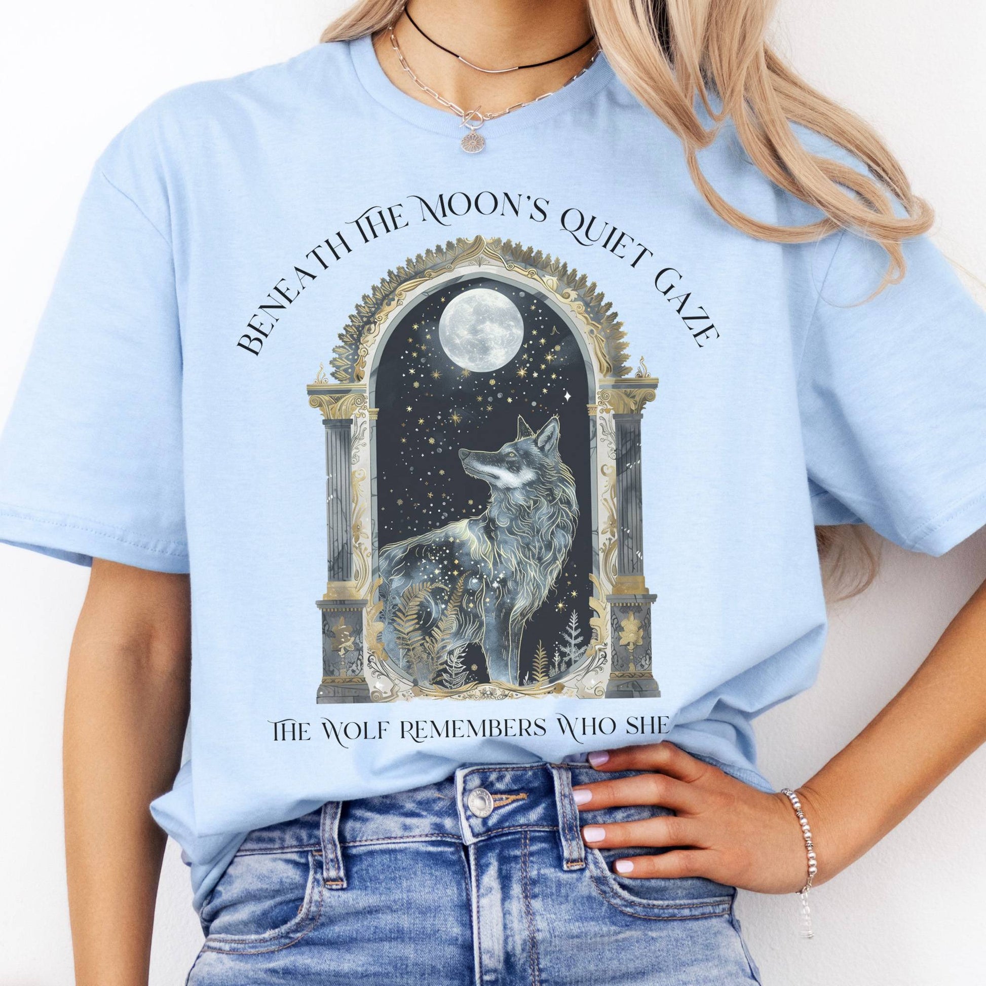 T-Shirts Beneath The Moon The Wolf Remembers Who She Is T-Shirt The Mystic Eden