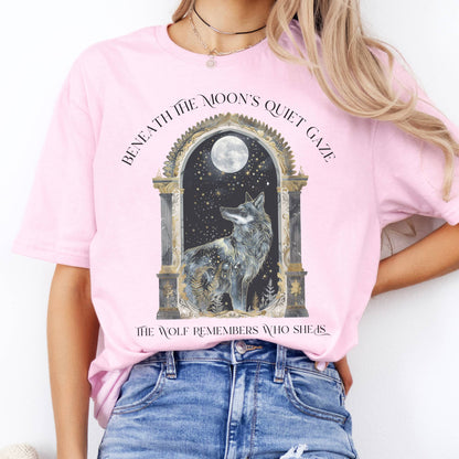 T-Shirts Beneath The Moon The Wolf Remembers Who She Is T-Shirt The Mystic Eden