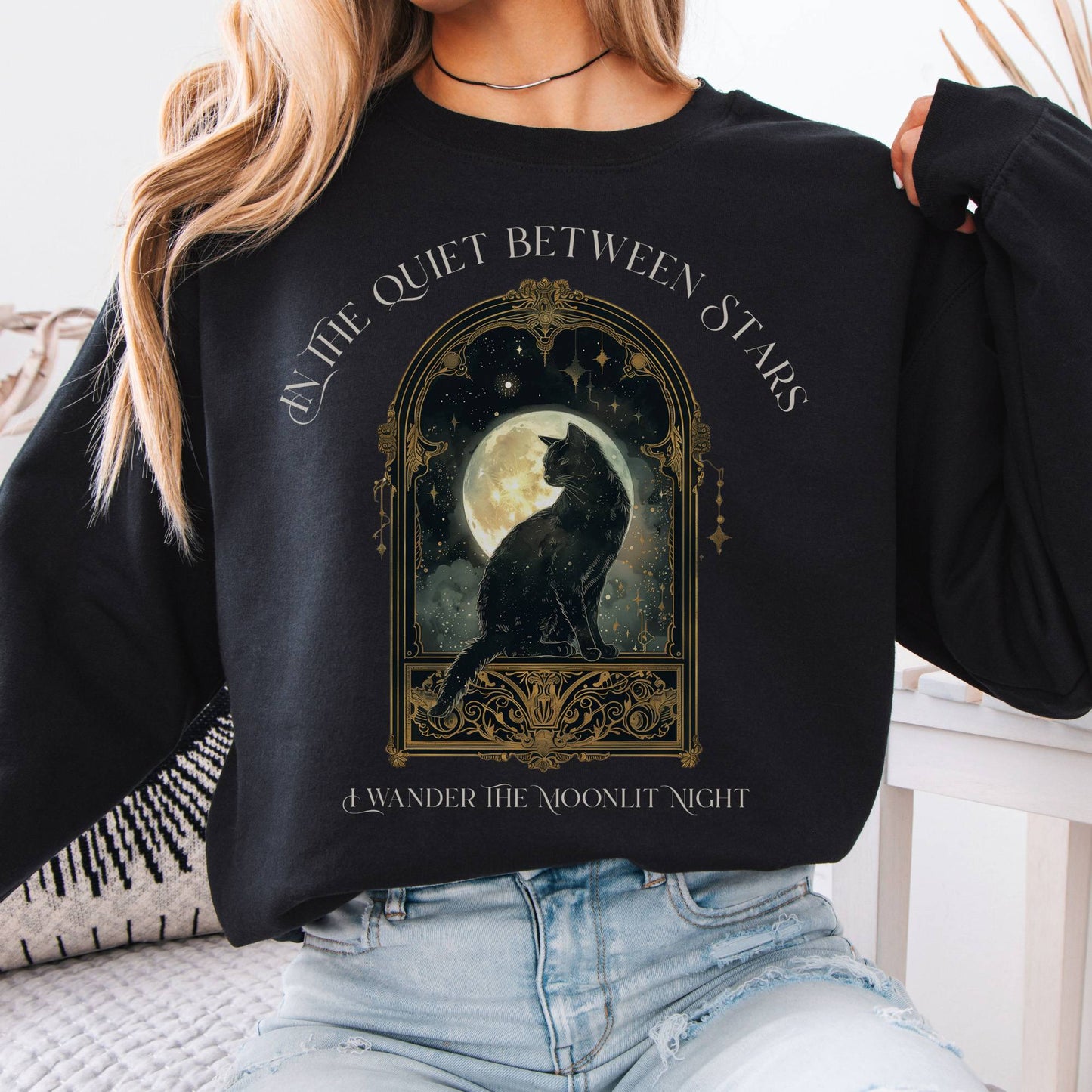 Sweatshirts In the Quiet Between Stars Moonlit Cat Sweatshirt The Mystic Eden