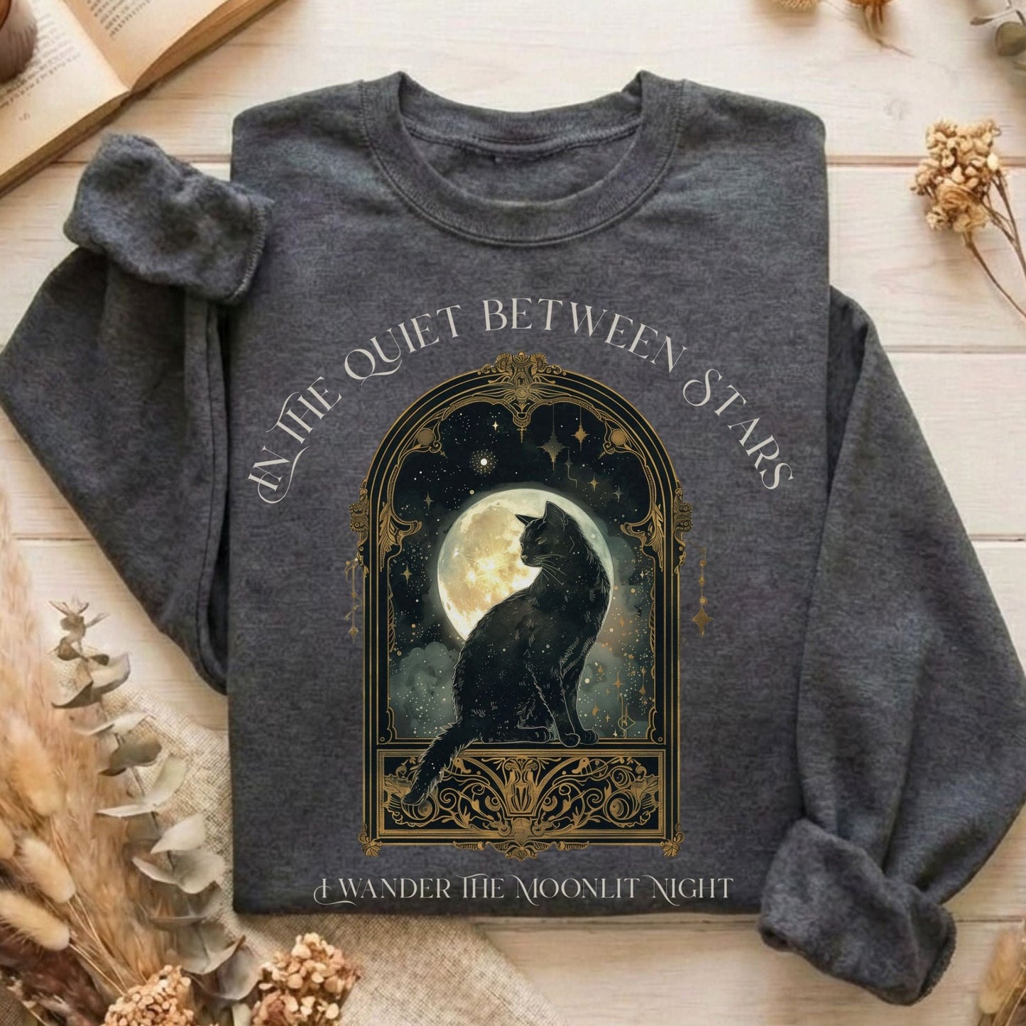 Sweatshirts Dark Heather / S In the Quiet Between Stars Moonlit Cat Sweatshirt The Mystic Eden