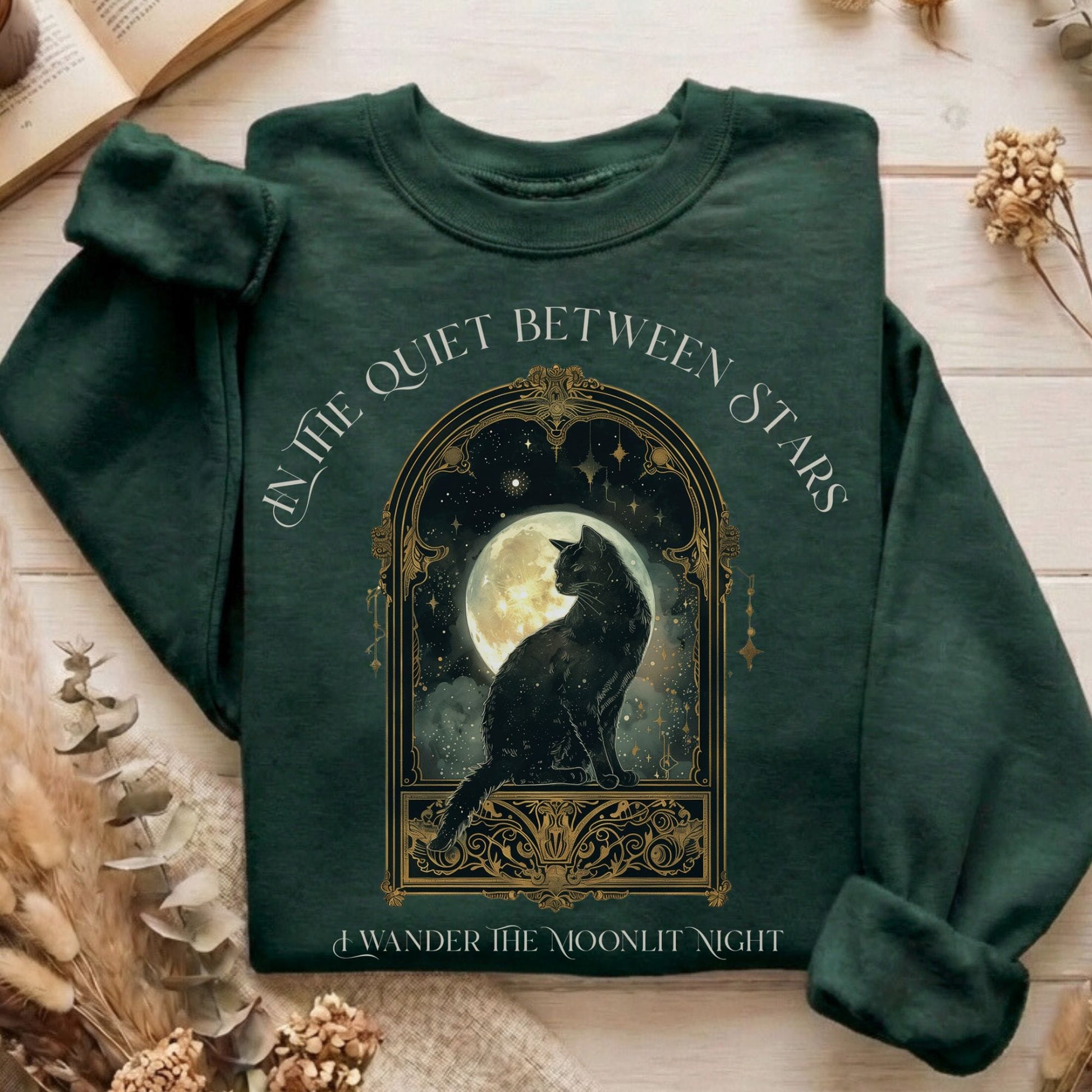 Sweatshirts Forest Green / S In the Quiet Between Stars Moonlit Cat Sweatshirt The Mystic Eden
