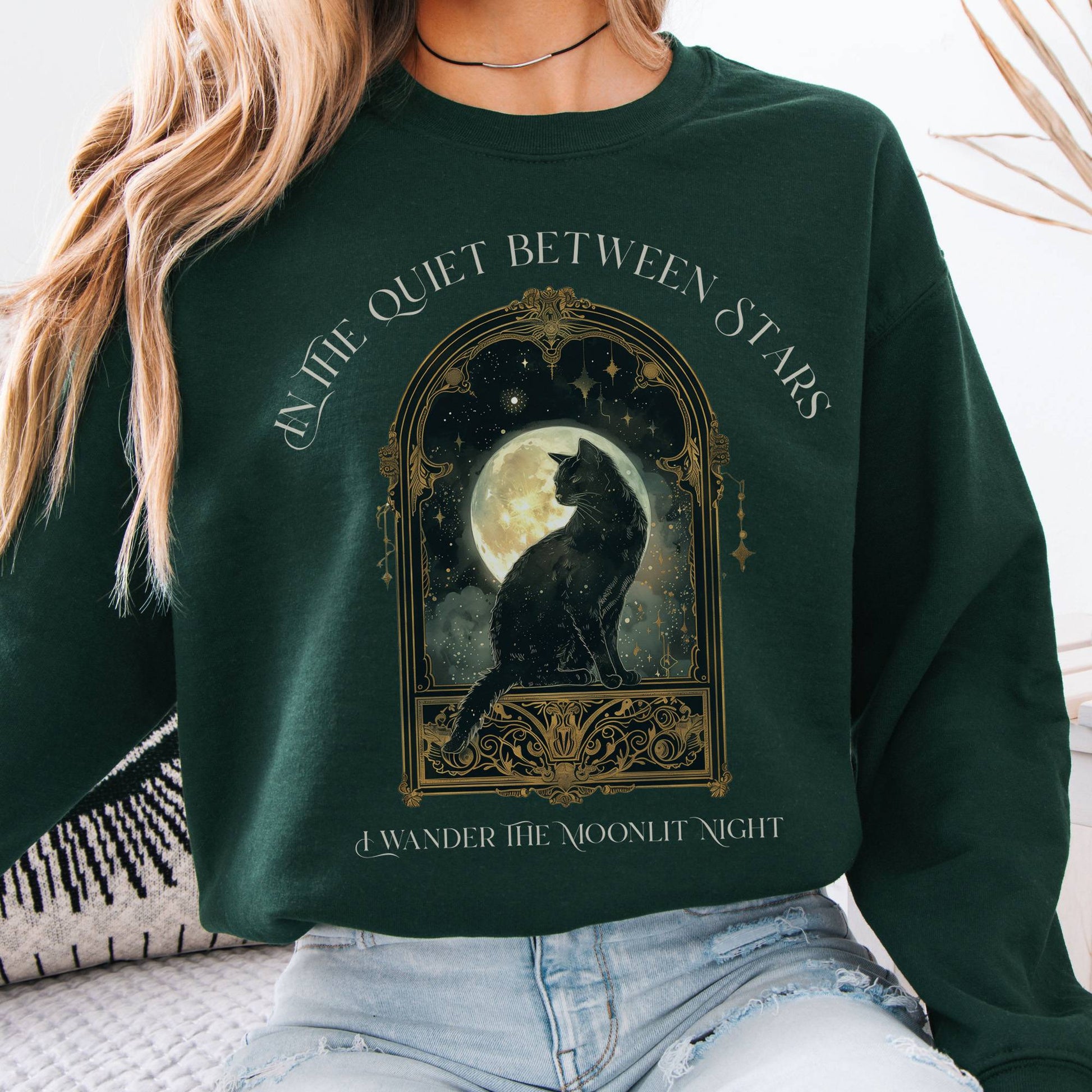 Sweatshirts In the Quiet Between Stars Moonlit Cat Sweatshirt The Mystic Eden