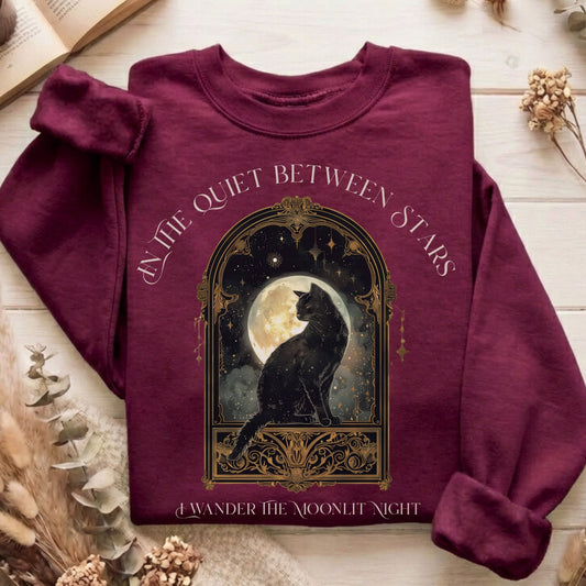Sweatshirts Maroon / S In the Quiet Between Stars Moonlit Cat Sweatshirt The Mystic Eden