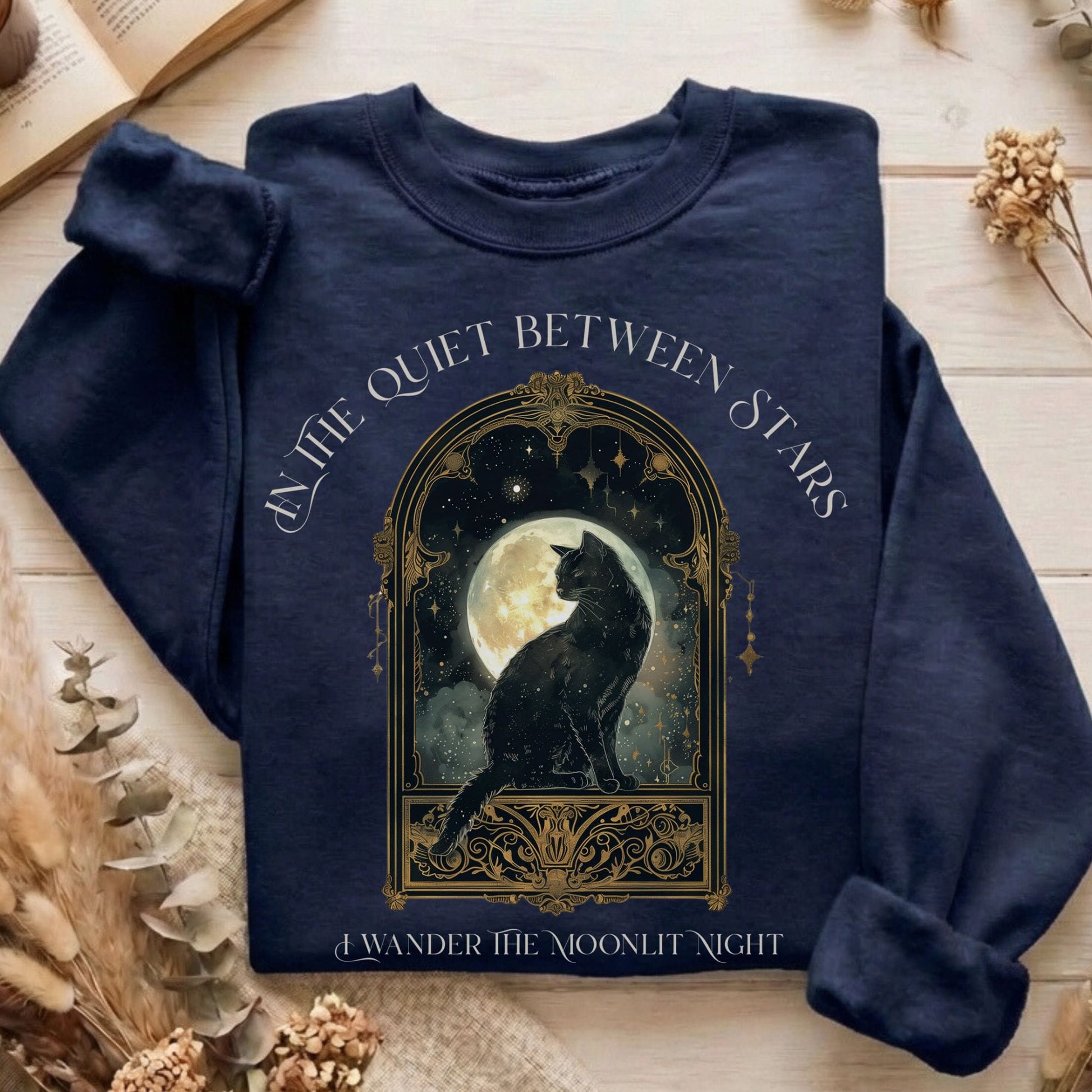 Sweatshirts Navy / S In the Quiet Between Stars Moonlit Cat Sweatshirt The Mystic Eden