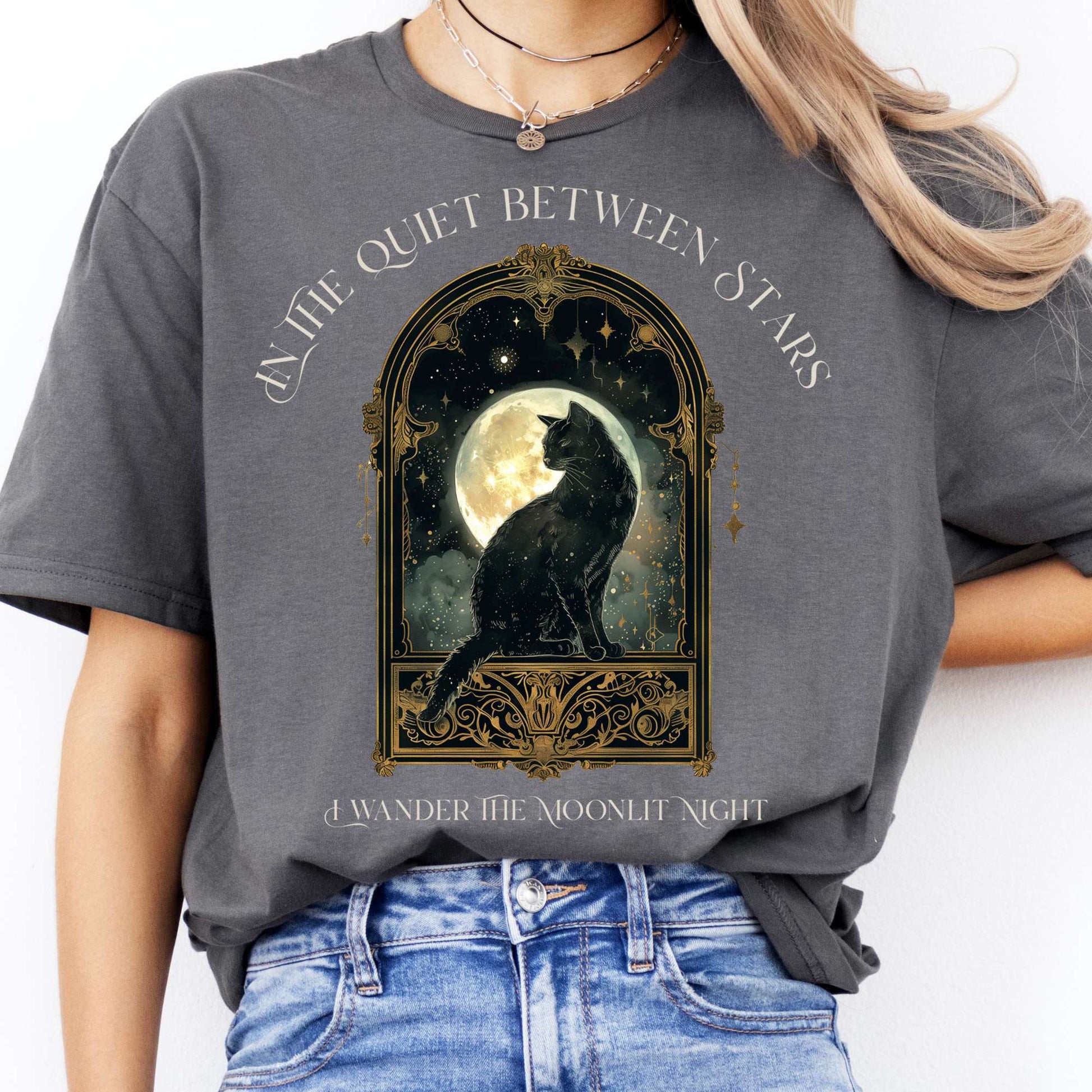 T-Shirts In the Quiet Between Stars Moonlit Cat T-Shirt The Mystic Eden