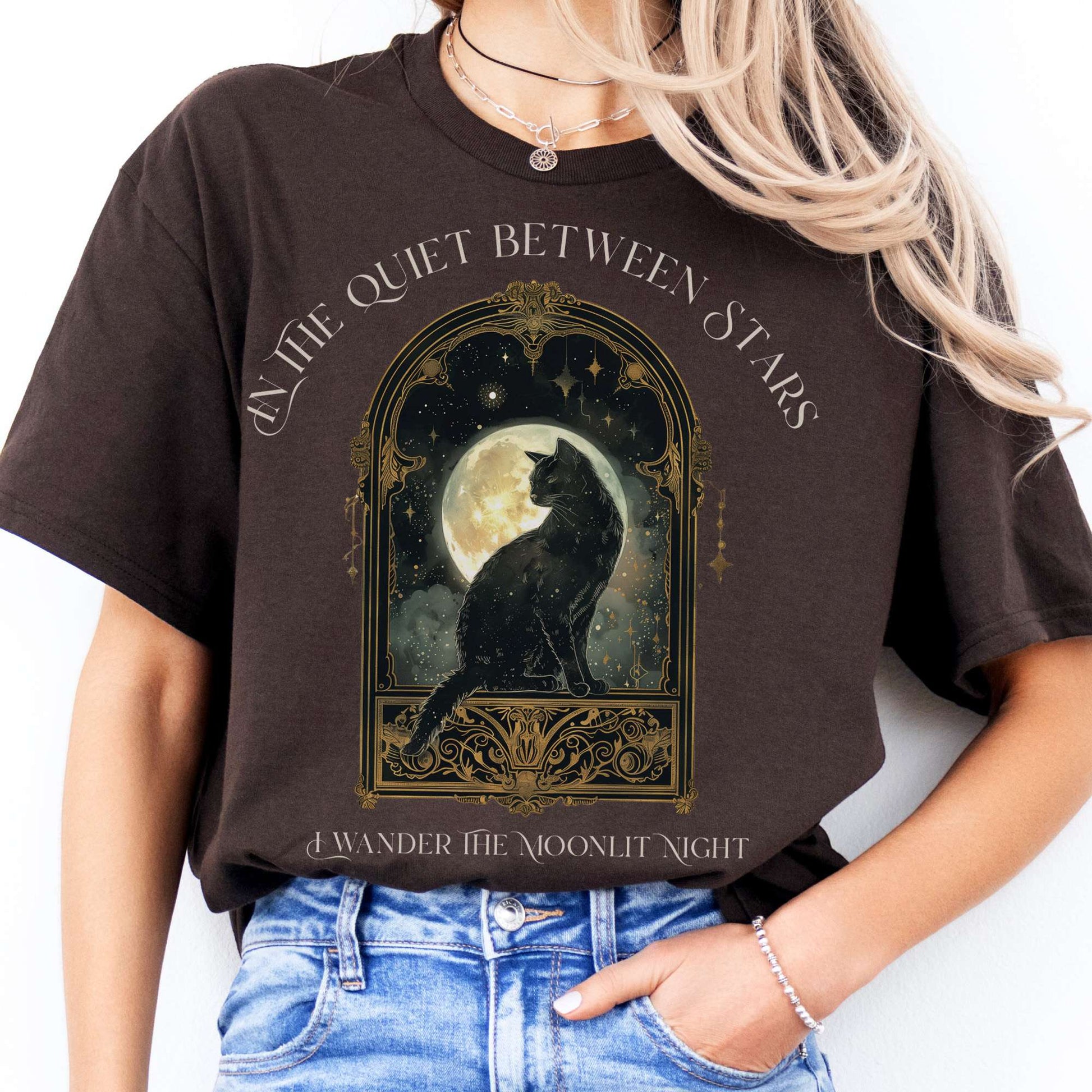 T-Shirts In the Quiet Between Stars Moonlit Cat T-Shirt The Mystic Eden