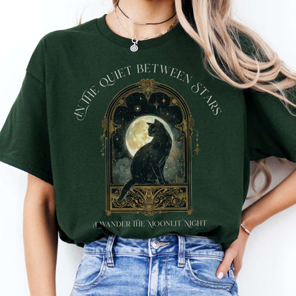 T-Shirts In the Quiet Between Stars Moonlit Cat T-Shirt The Mystic Eden