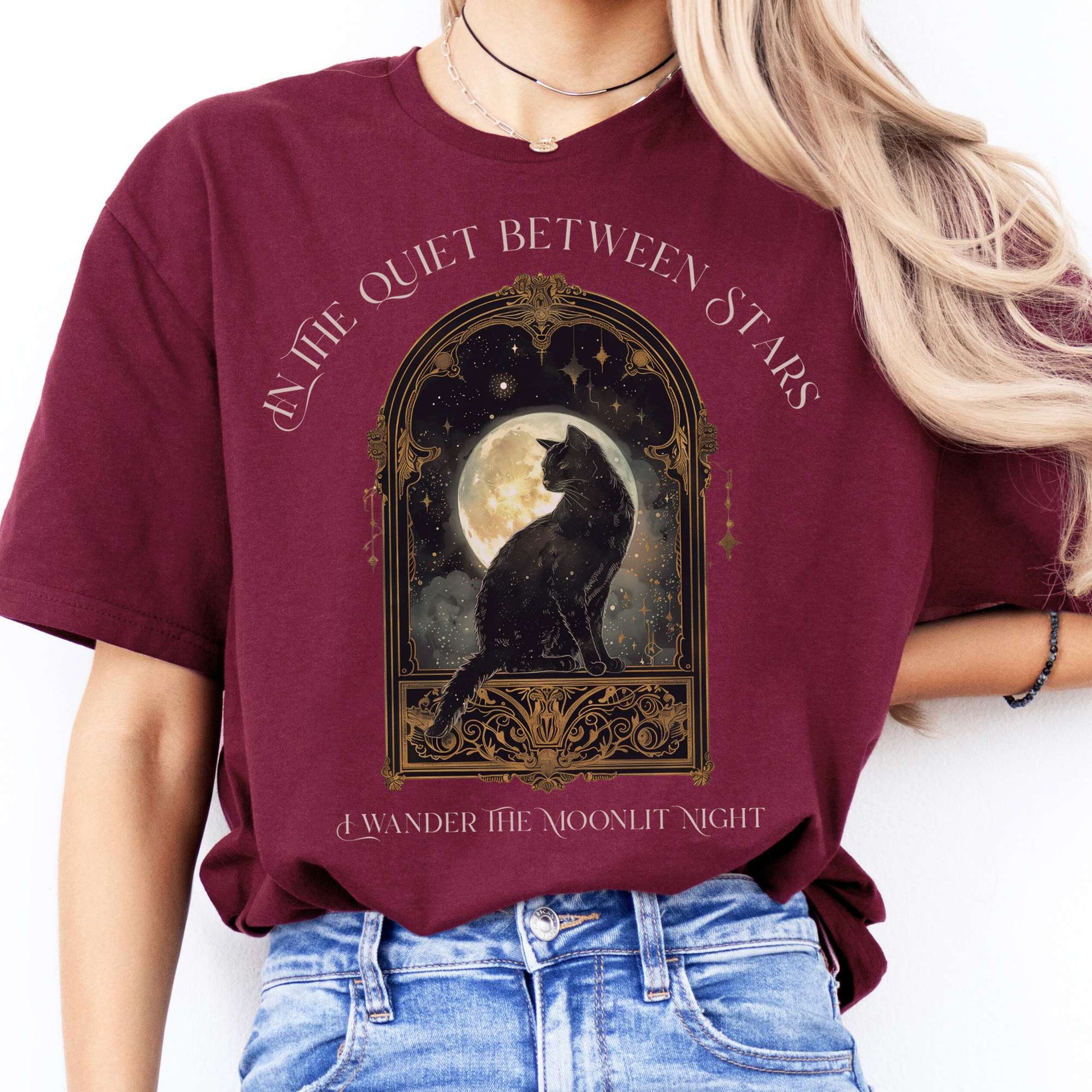 T-Shirts In the Quiet Between Stars Moonlit Cat T-Shirt The Mystic Eden