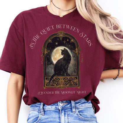 T-Shirts In the Quiet Between Stars Moonlit Cat T-Shirt The Mystic Eden