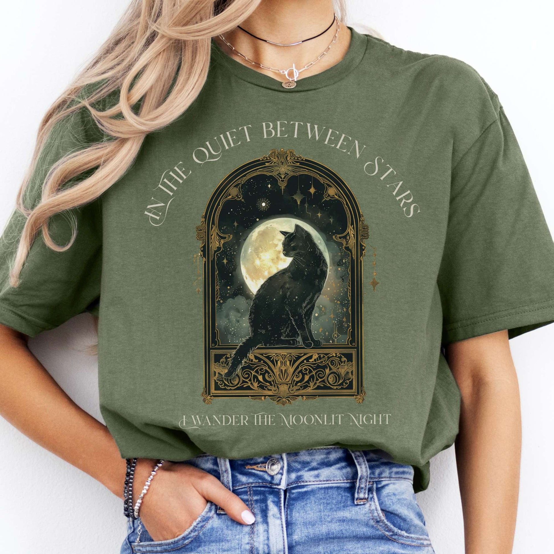 T-Shirts In the Quiet Between Stars Moonlit Cat T-Shirt The Mystic Eden