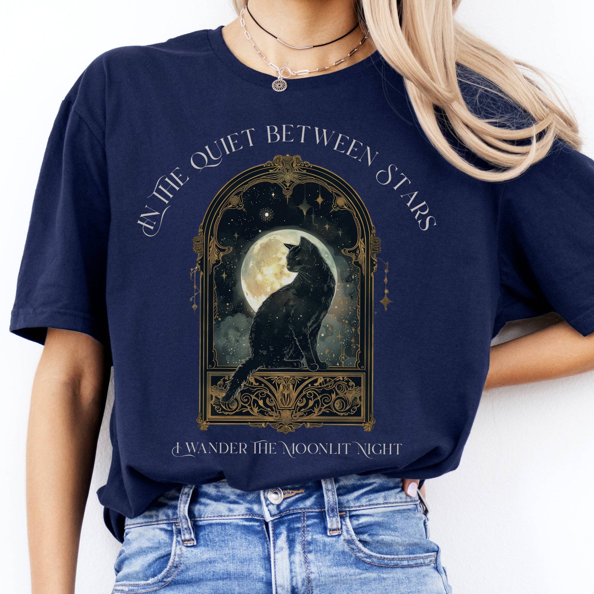 T-Shirts In the Quiet Between Stars Moonlit Cat T-Shirt The Mystic Eden