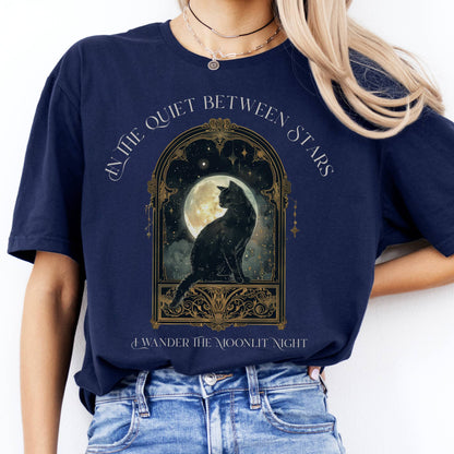 T-Shirts In the Quiet Between Stars Moonlit Cat T-Shirt The Mystic Eden