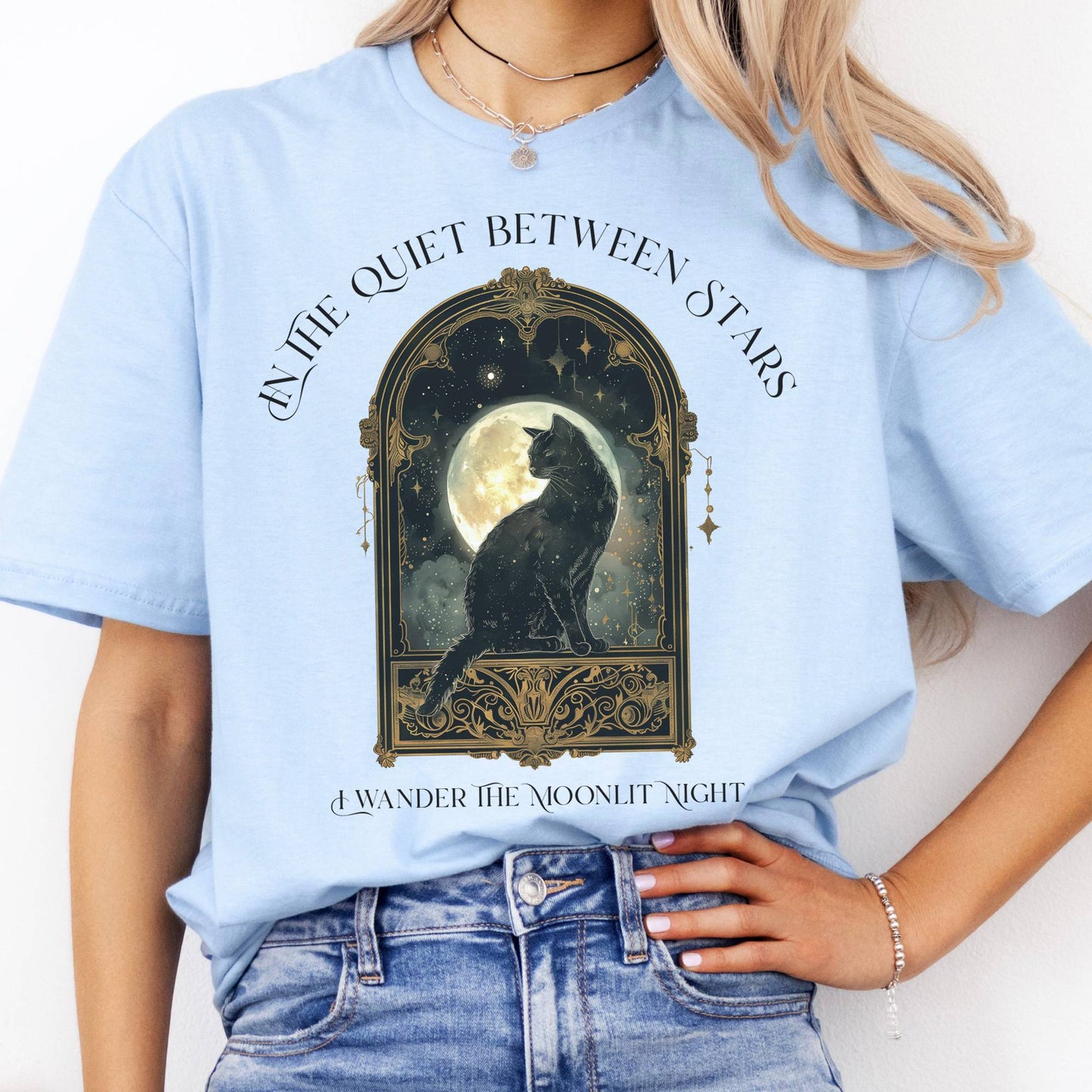 T-Shirts In the Quiet Between Stars Moonlit Cat T-Shirt The Mystic Eden