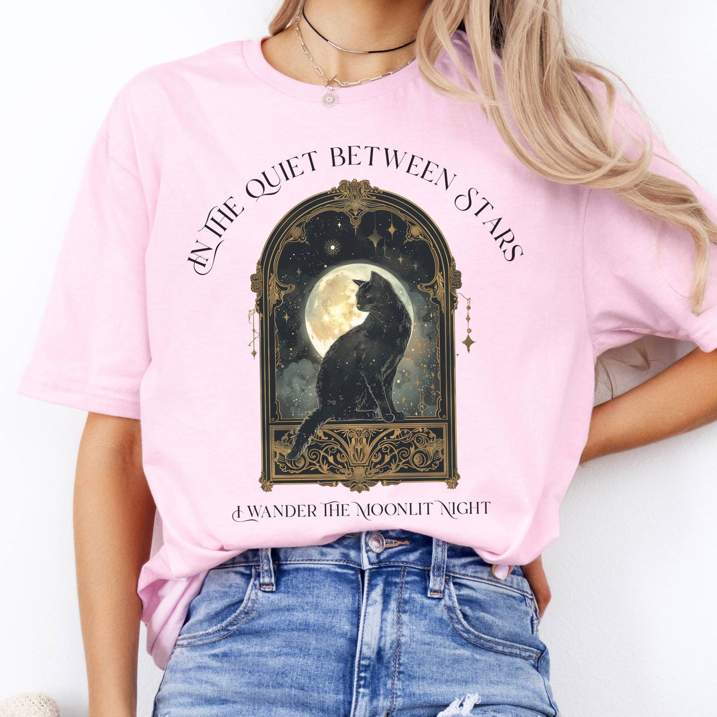 T-Shirts In the Quiet Between Stars Moonlit Cat T-Shirt The Mystic Eden