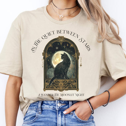 T-Shirts In the Quiet Between Stars Moonlit Cat T-Shirt The Mystic Eden