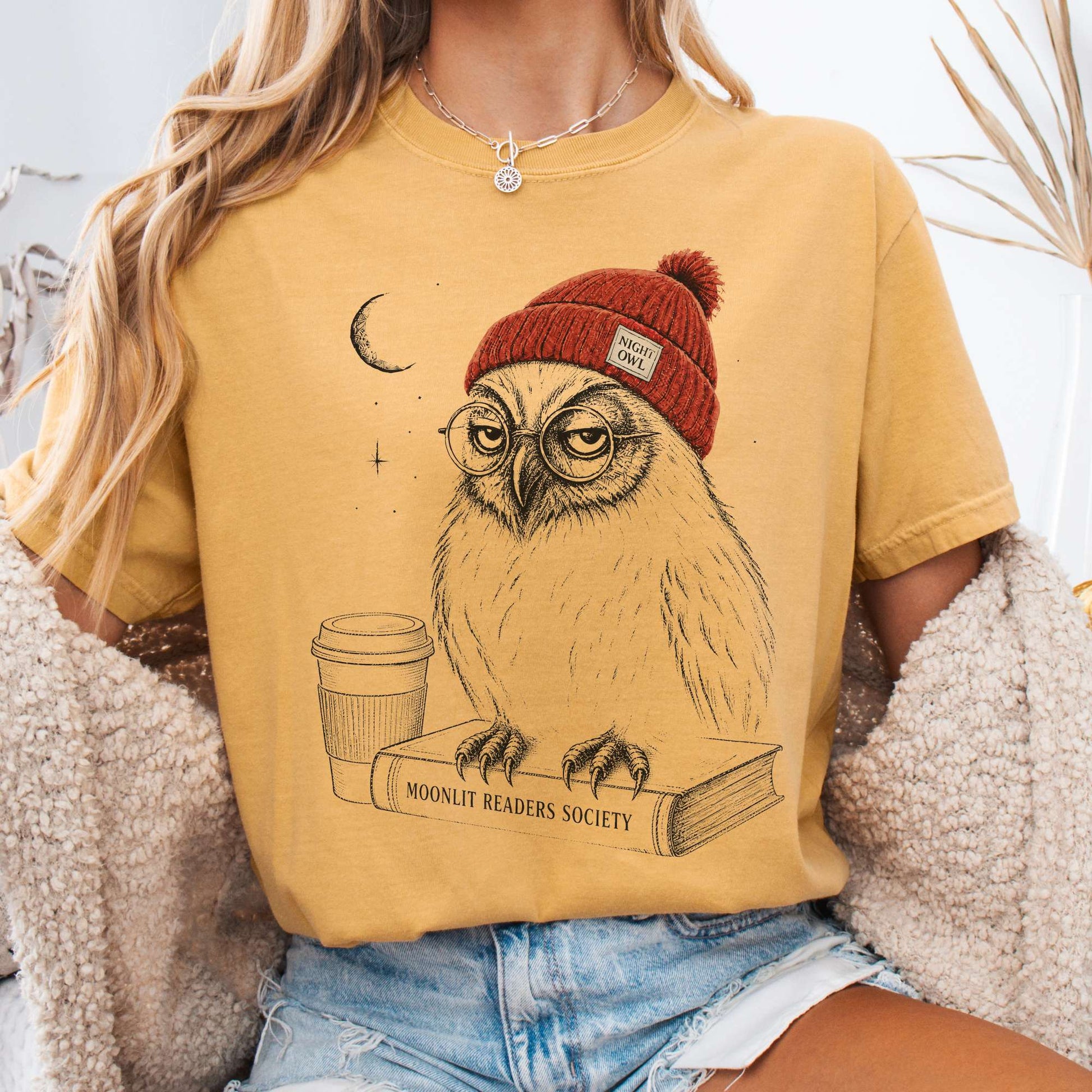T-Shirt Mustard / S Moonlit Readers Society Night Owl T-Shirt The Mystic Eden