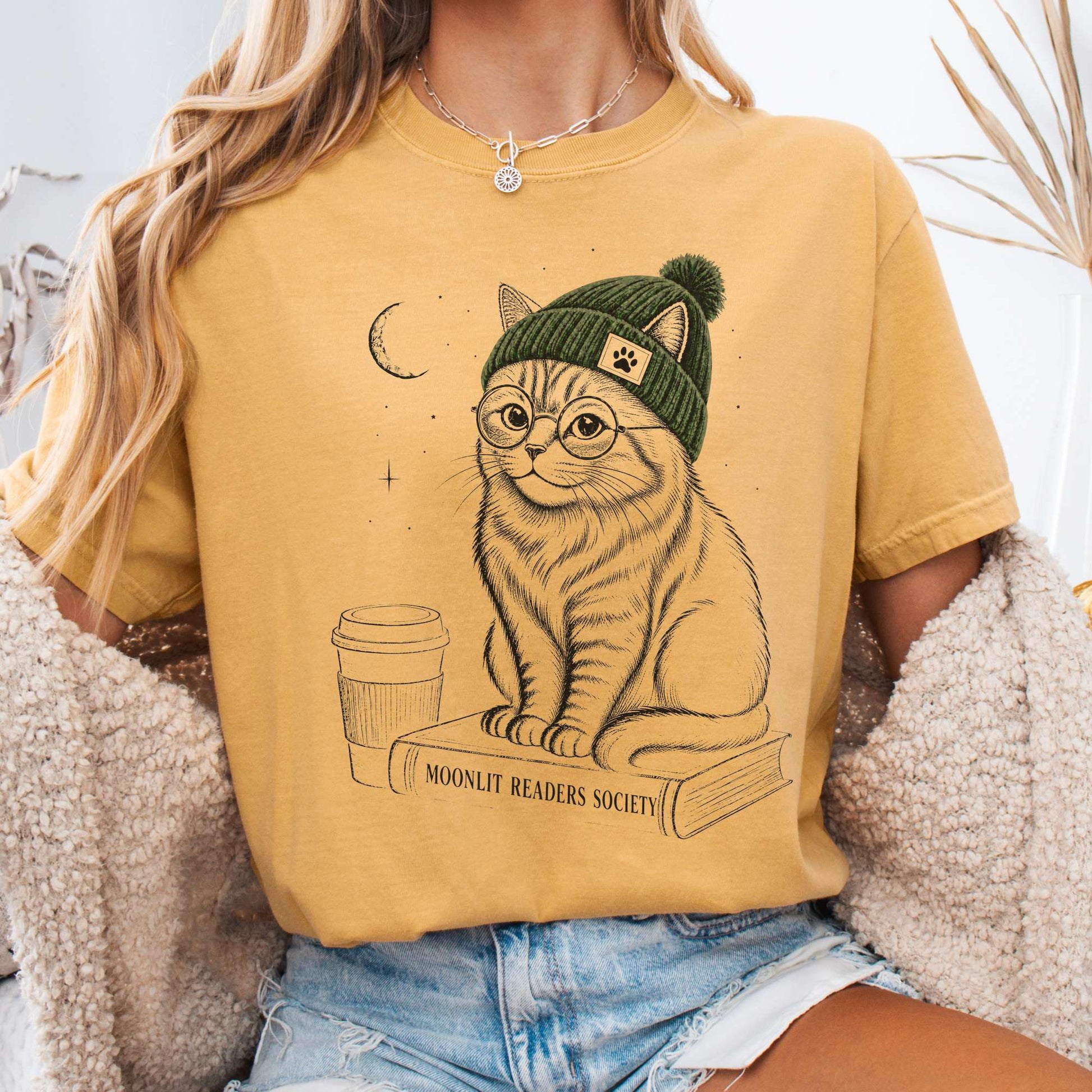 T-Shirt Mustard / S Moonlit Readers Society Cat T-Shirt The Mystic Eden