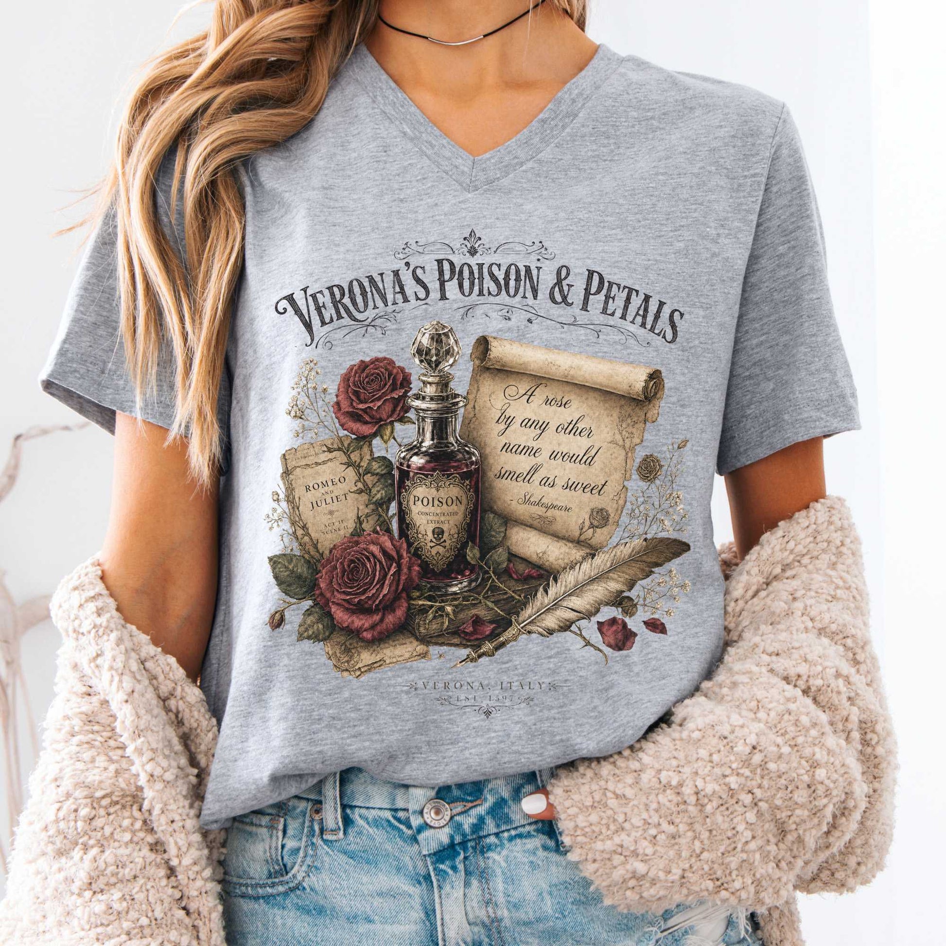 V-neck Athletic Heather / S Shakespeare's Verona's Poison & Petals Romeo & Juliet V-Neck The Mystic Eden