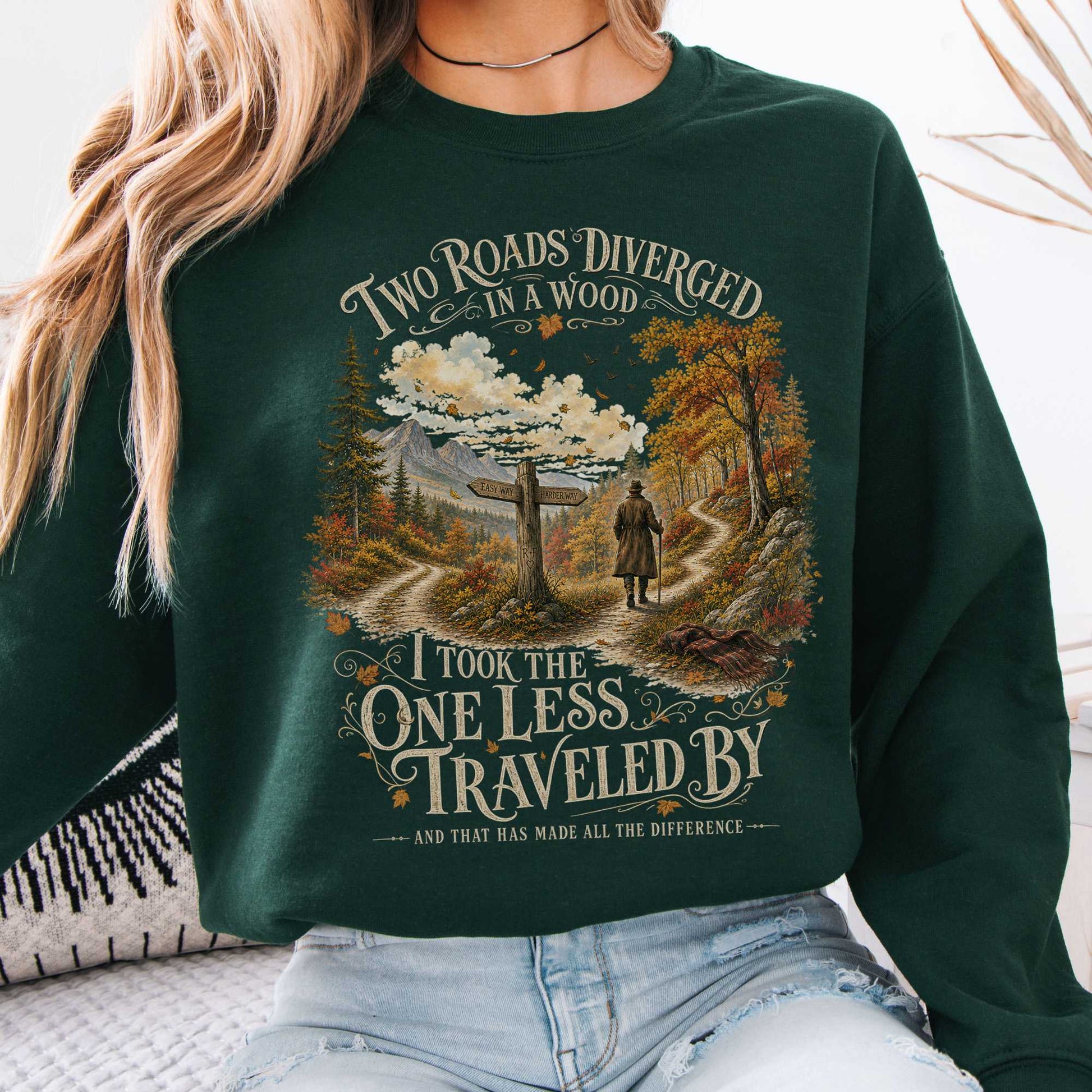 Sweatshirt Forest Green / S The Road Not Taken Robert Frost Literary Crewneck Sweatshirt The Mystic Eden