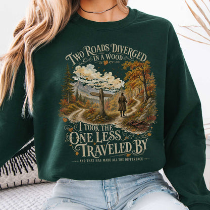 Sweatshirt Forest Green / S The Road Not Taken Robert Frost Literary Crewneck Sweatshirt The Mystic Eden