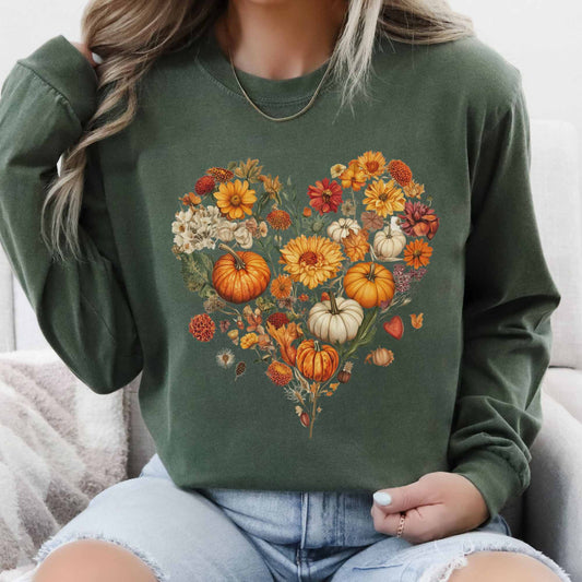 Pumpkin floral fall heart - long sleeve tee