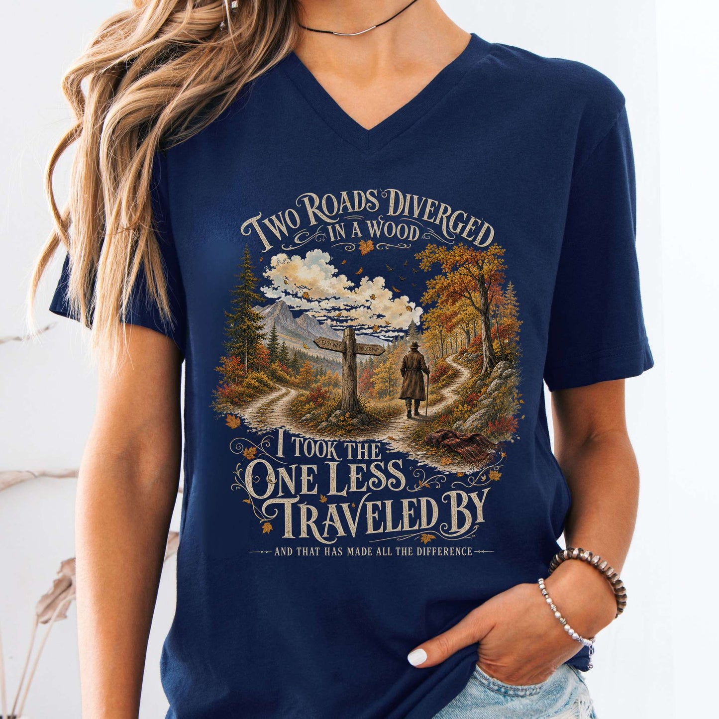 V-neck Navy / S The Road Not Taken Robert Frost Literary V-Neck The Mystic Eden
