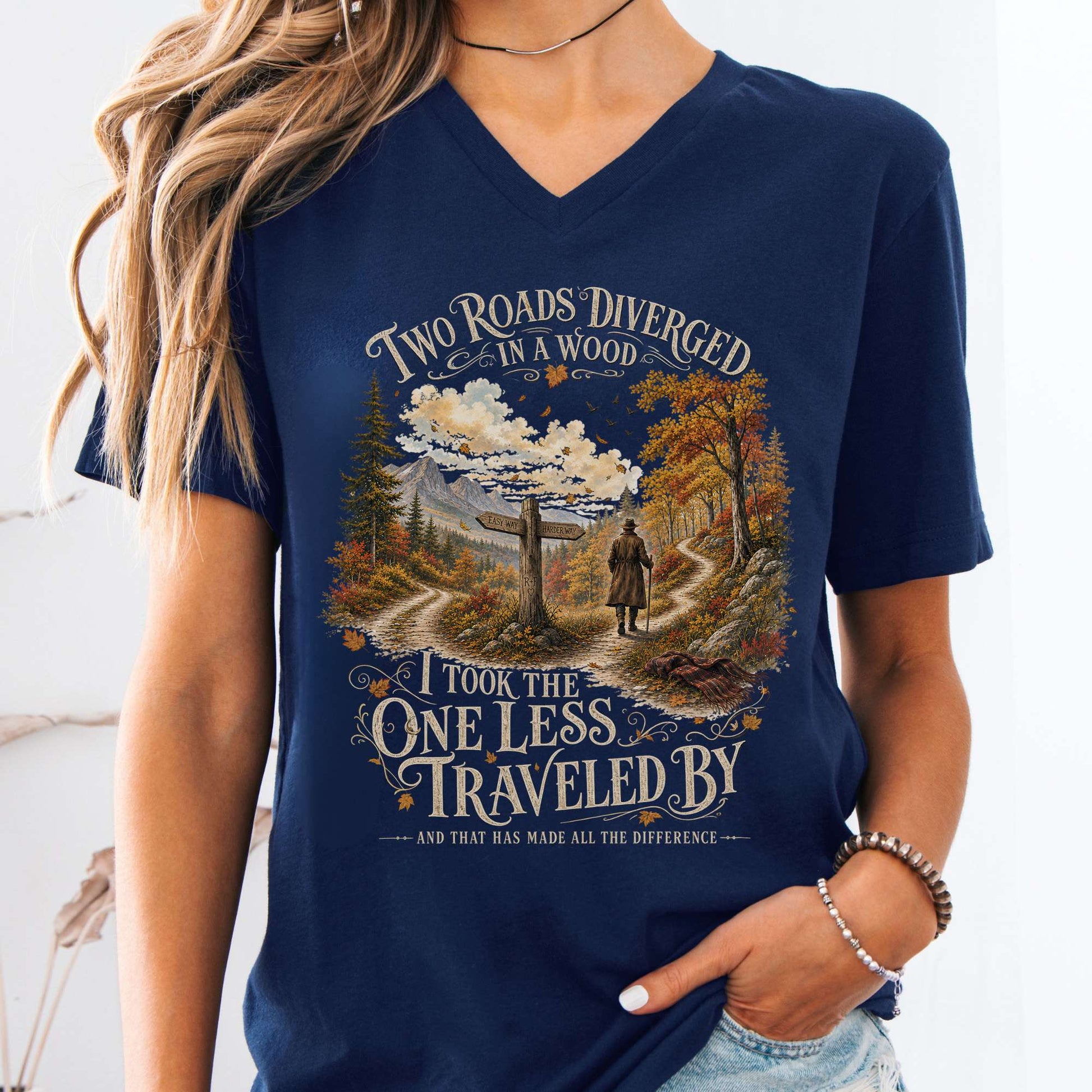 V-neck Navy / S The Road Not Taken Robert Frost Literary V-Neck The Mystic Eden