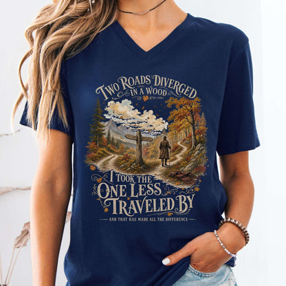 V-neck Navy / S The Road Not Taken Robert Frost Literary V-Neck The Mystic Eden