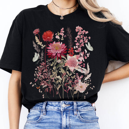 T-Shirt Pink Wildflower and Butterflies Cottagecore T-Shirt The Mystic Eden