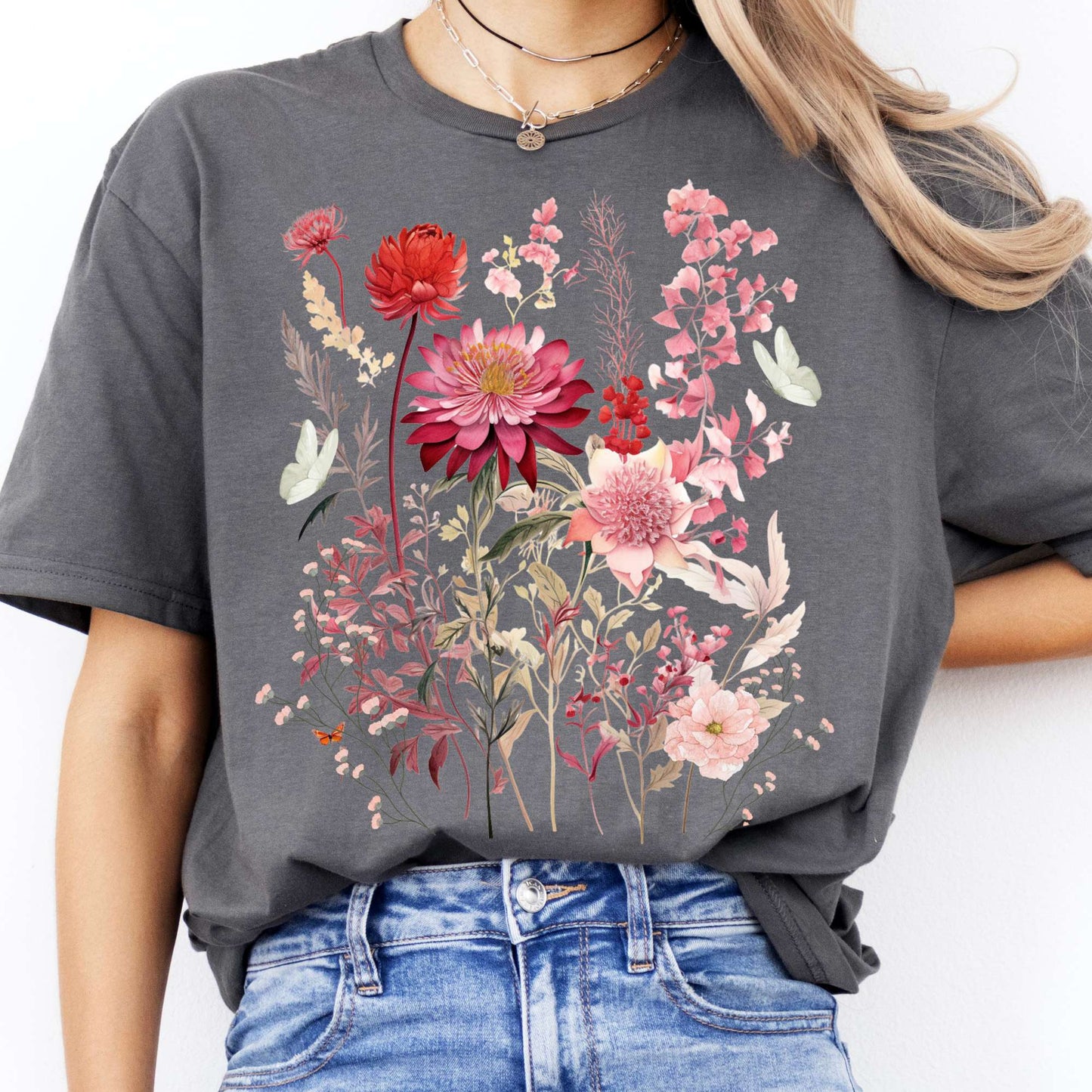 T-Shirt Pink Wildflower and Butterflies Cottagecore T-Shirt The Mystic Eden
