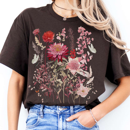 T-Shirt Pink Wildflower and Butterflies Cottagecore T-Shirt The Mystic Eden