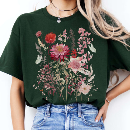 T-Shirt Pink Wildflower and Butterflies Cottagecore T-Shirt The Mystic Eden