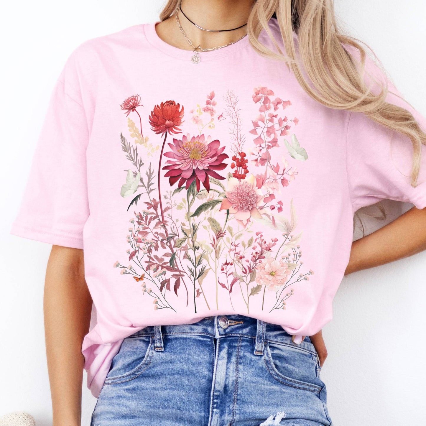 T-Shirt Pink Wildflower and Butterflies Cottagecore T-Shirt The Mystic Eden