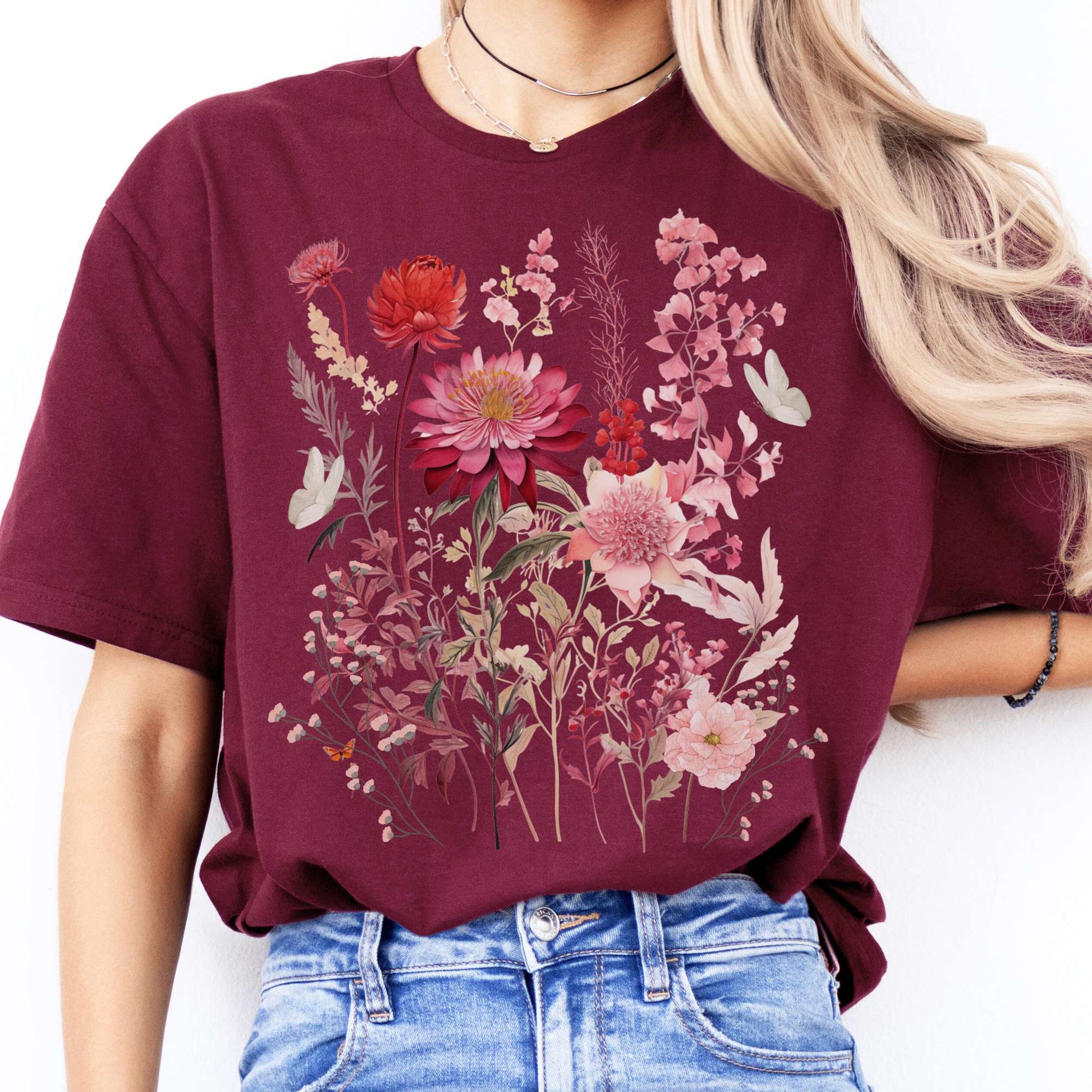 T-Shirt Pink Wildflower and Butterflies Cottagecore T-Shirt The Mystic Eden