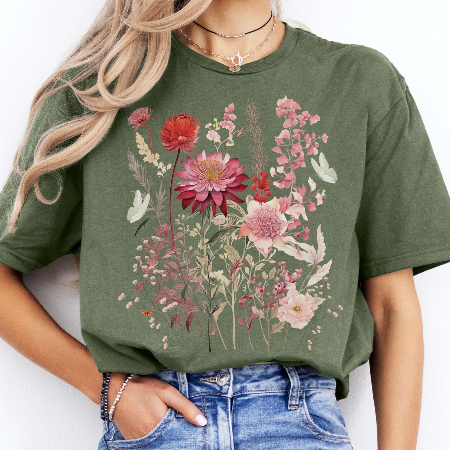 T-Shirt Pink Wildflower and Butterflies Cottagecore T-Shirt The Mystic Eden