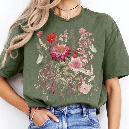 T-Shirt Pink Wildflower and Butterflies Cottagecore T-Shirt The Mystic Eden