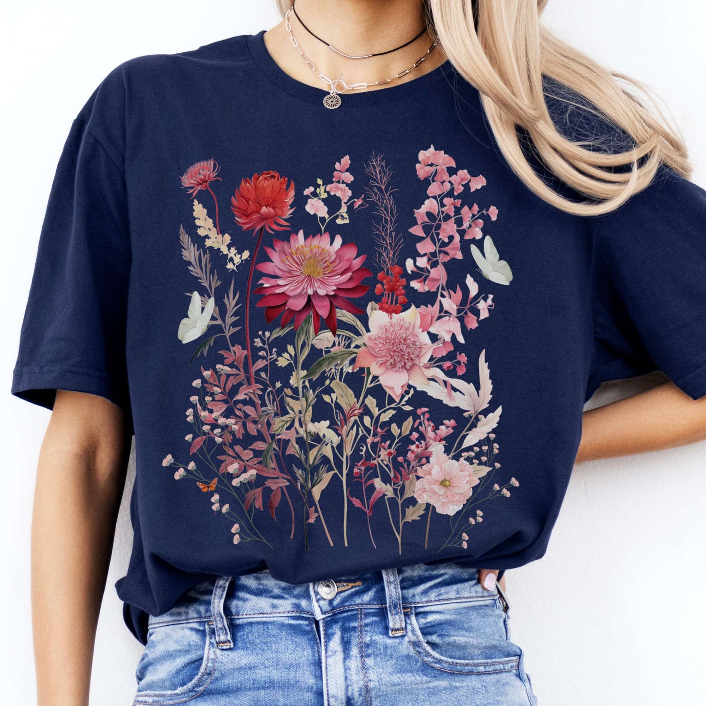 T-Shirt Pink Wildflower and Butterflies Cottagecore T-Shirt The Mystic Eden