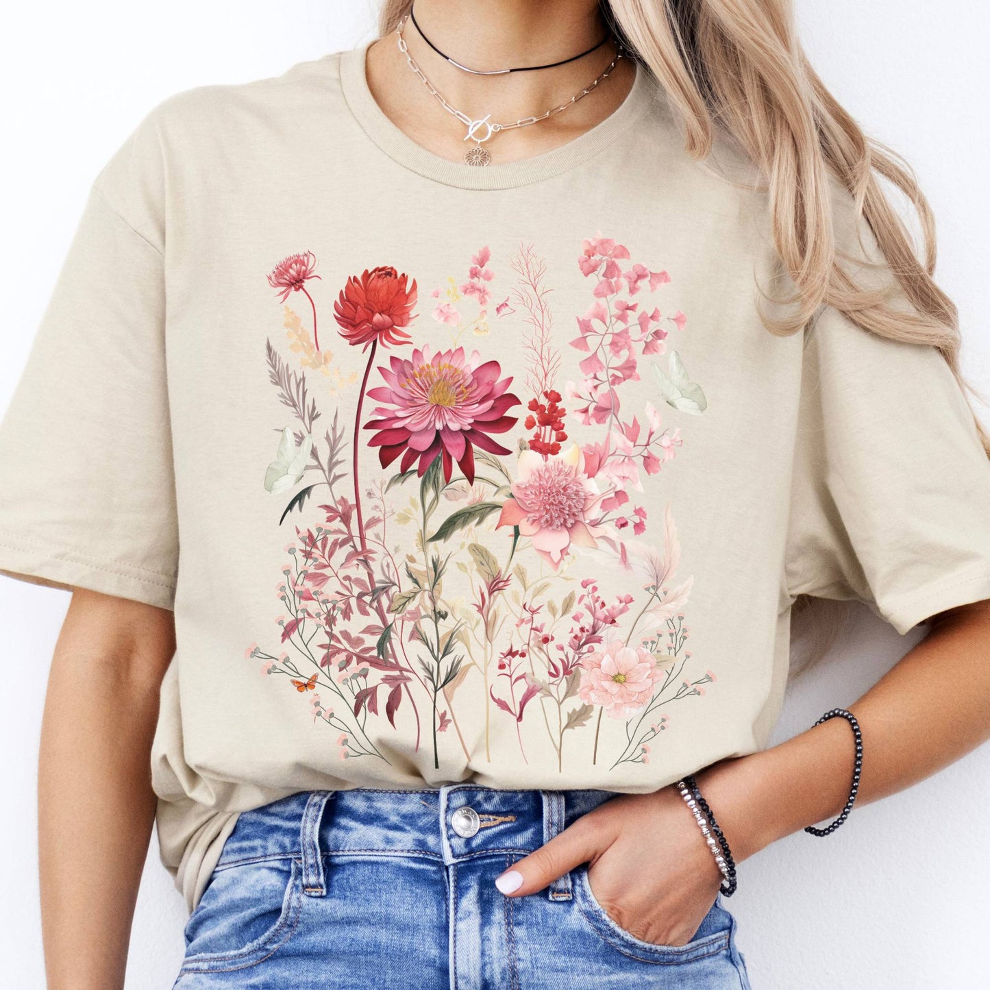 T-Shirt Pink Wildflower and Butterflies Cottagecore T-Shirt The Mystic Eden