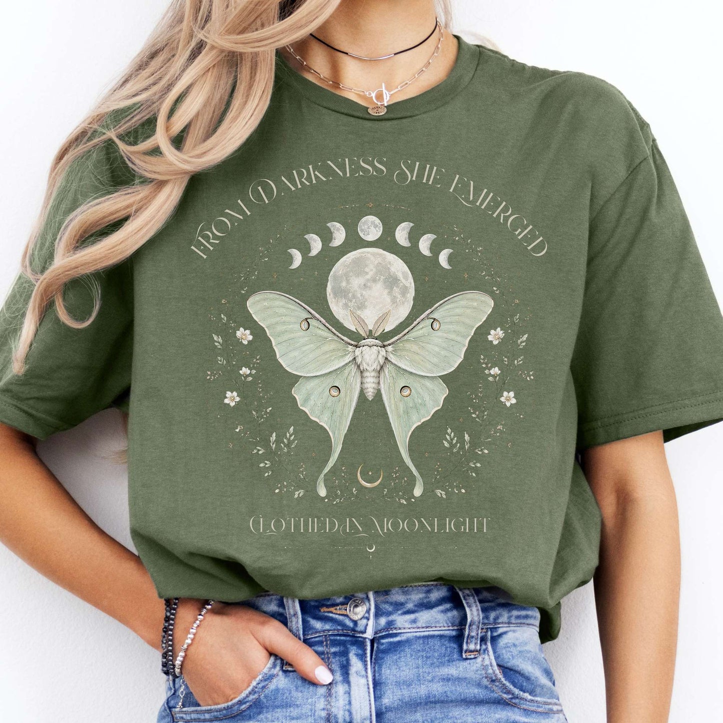 From Darkness She Emerged Clothed in Moonlight T-Shirt