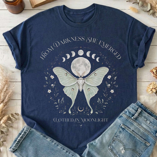 From Darkness She Emerged Clothed in Moonlight T-Shirt