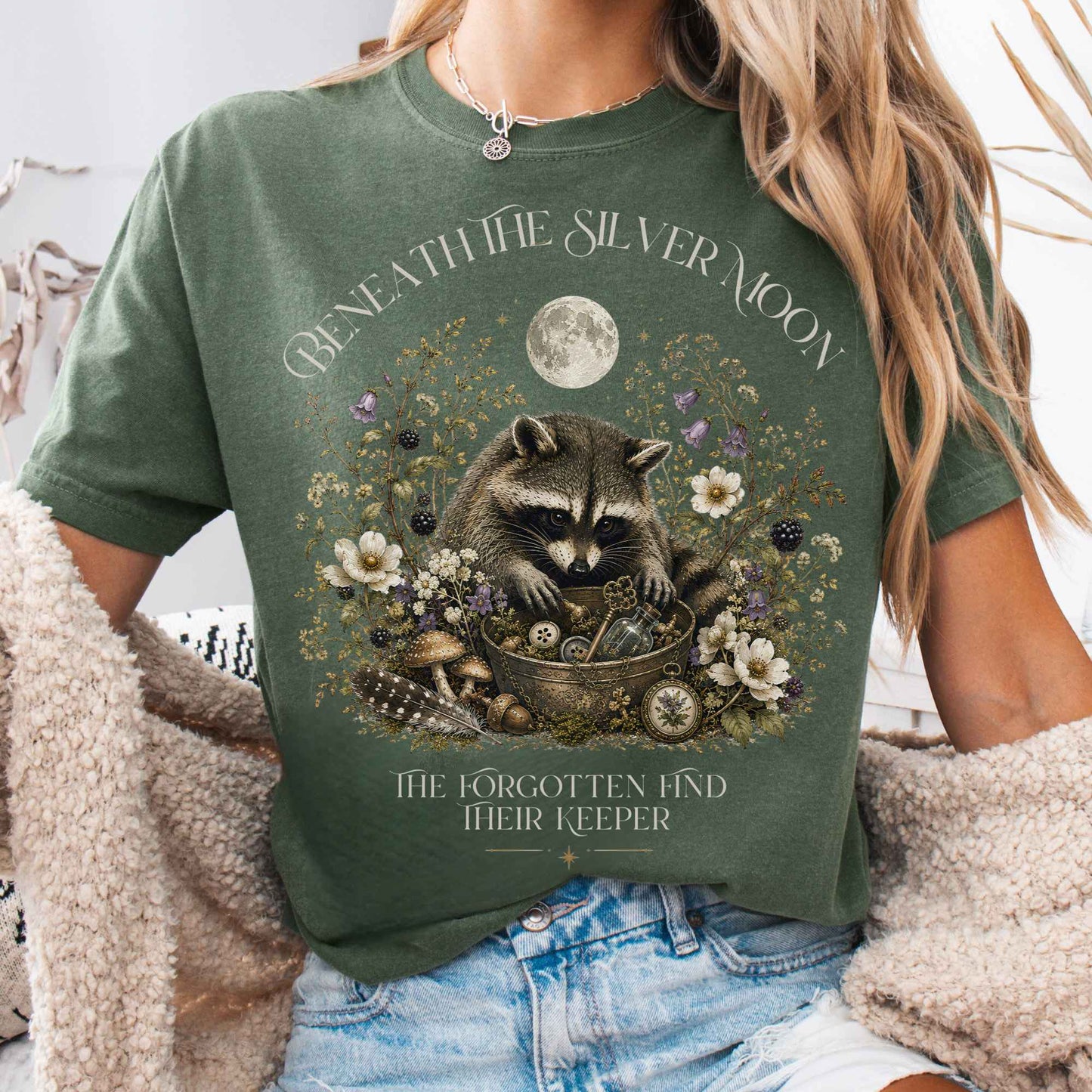 T-Shirt Moss / S Beneath the Silver Moon Raccoon T-Shirt The Mystic Eden